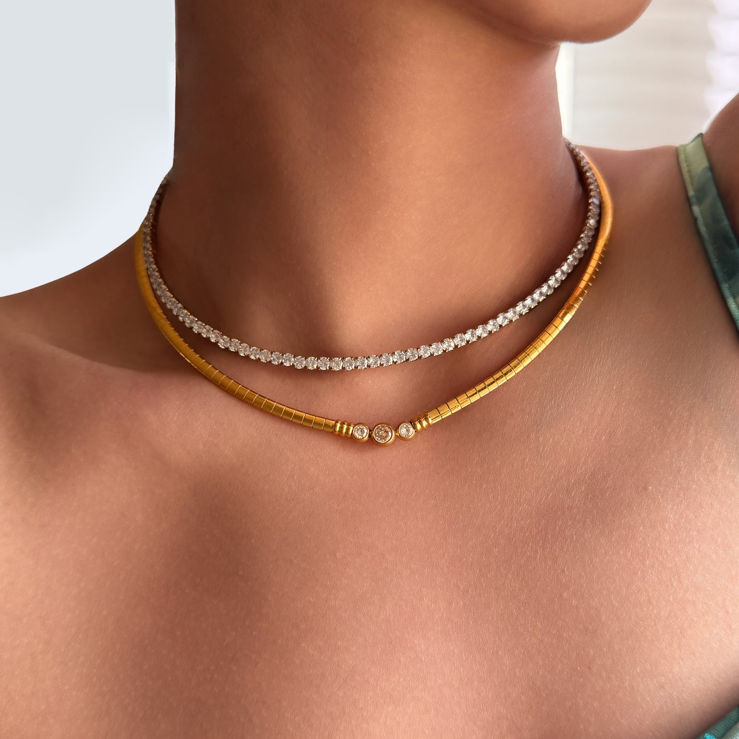 Zircon Chocker Stackable Necklace and Anklet Set