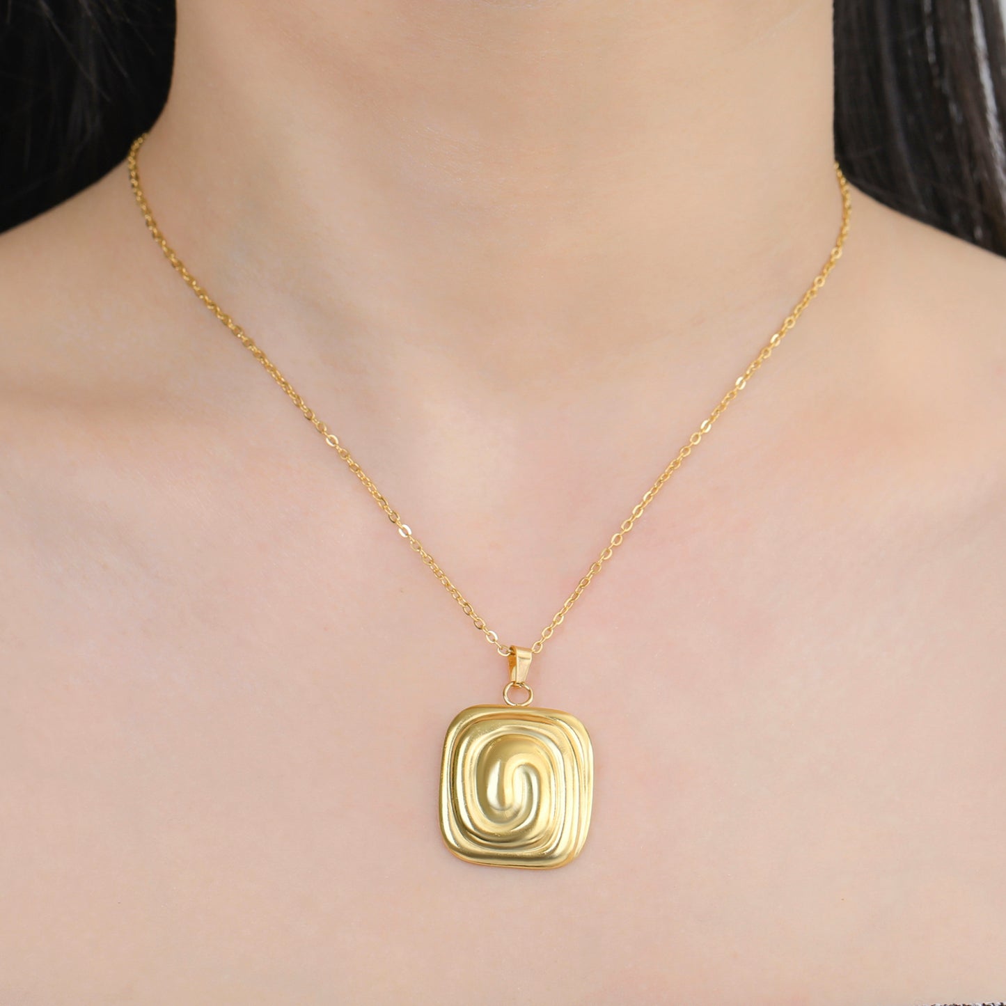 Geometric Spiral Square Pendant Necklace