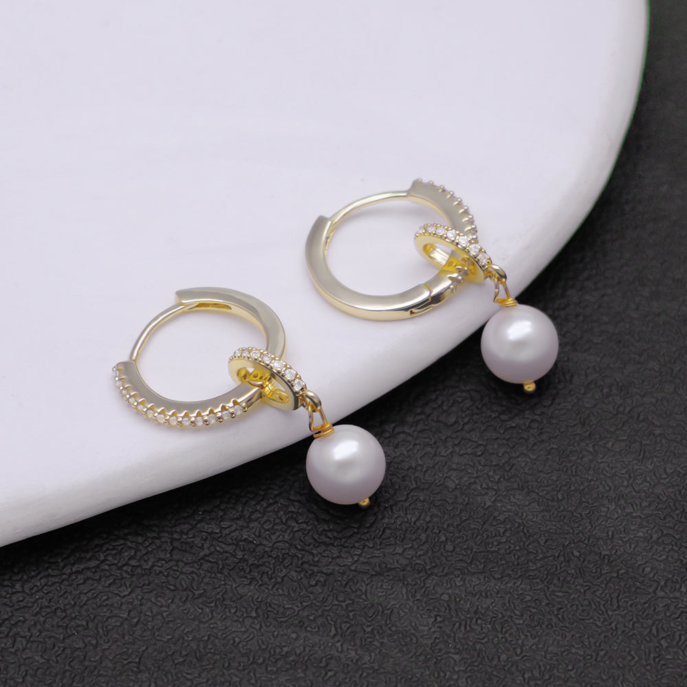 Hoop Earrings With Drop Pearl and Cubic Zircons