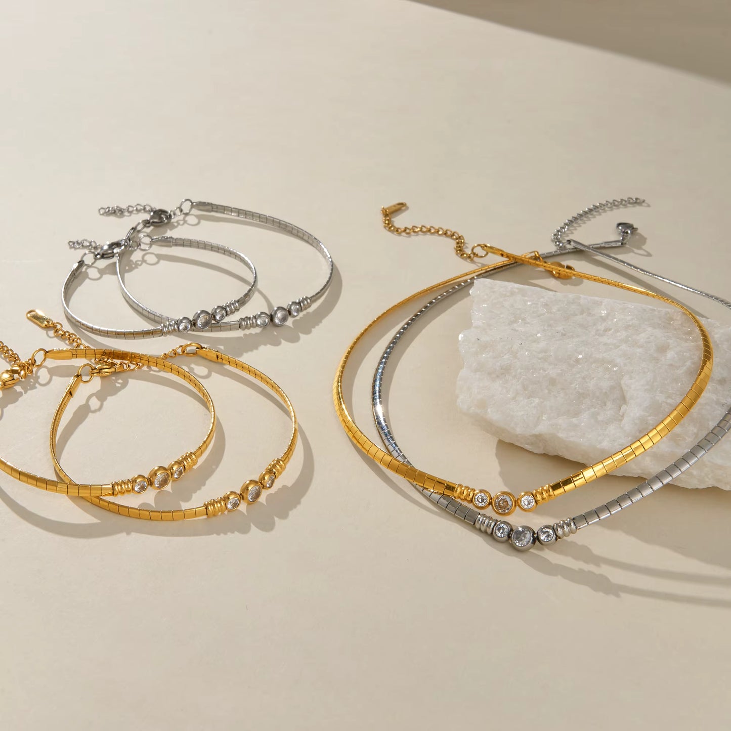 Zircon Chocker Stackable Necklace and Anklet Set