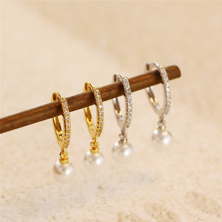 Hoop Earrings With Drop Pearl and Cubic Zircons