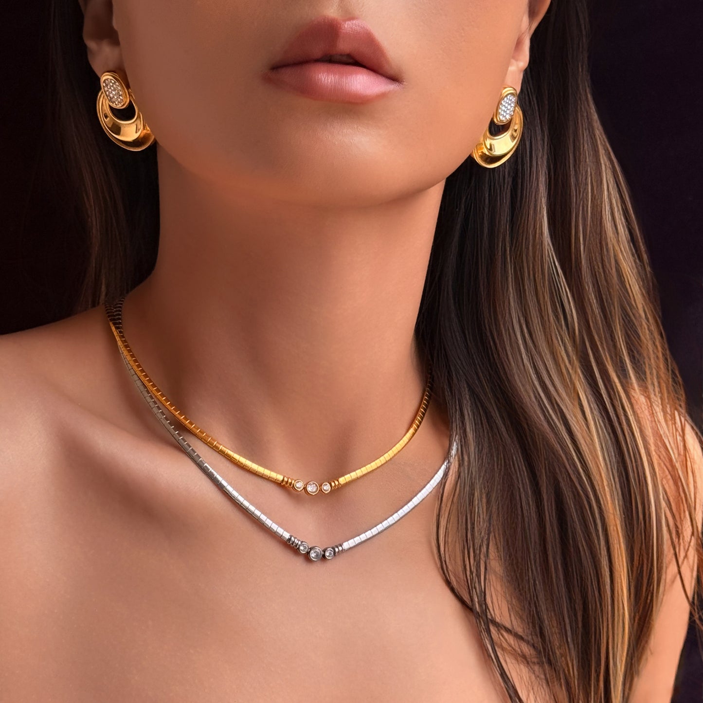 Zircon Chocker Stackable Necklace and Anklet Set
