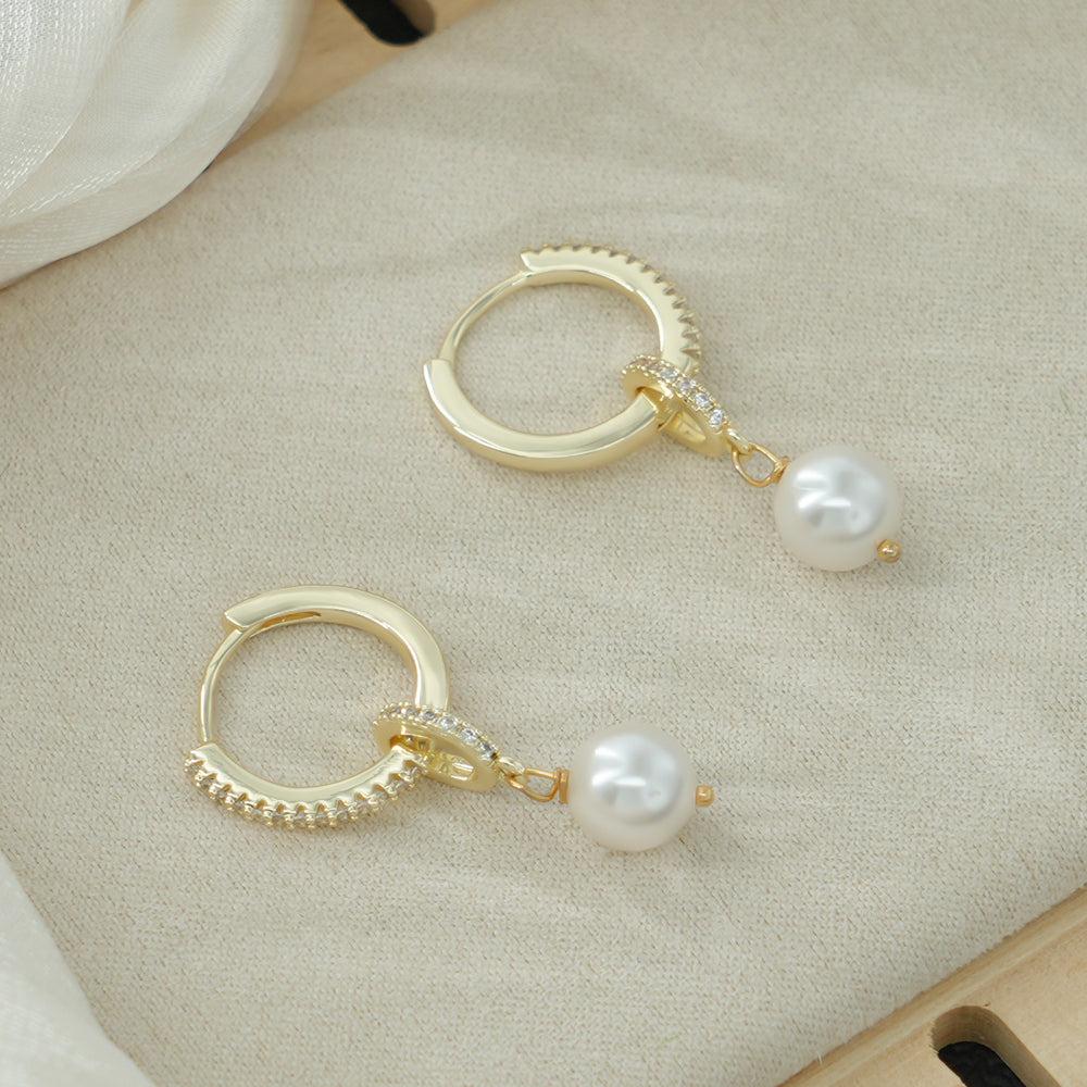 Hoop Earrings With Drop Pearl and Cubic Zircons